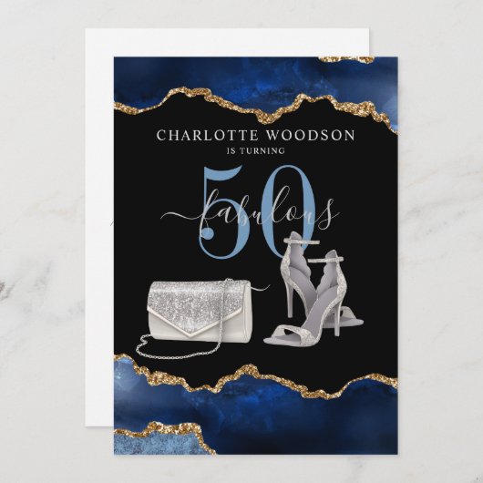 50 En Fabulous Navy Zwart Goud Agaat Uitnodiging (Voorkant / Achterkant)