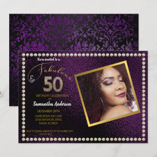 50. en Fabulous Paars Bling 50th Birthday Party Kaart