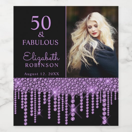 50 en Fabulous Paarse Drips Pearl Birthday Party Wijn Etiket (Enkel label)