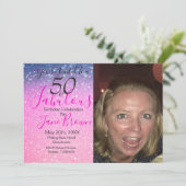 50 en Fabulous Paarse Glitter Roze Uitnodiging (Staand voorkant)