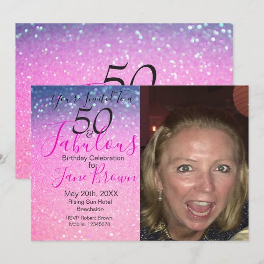 50 en Fabulous Paarse Glitter Roze Uitnodiging (Voorkant / Achterkant)