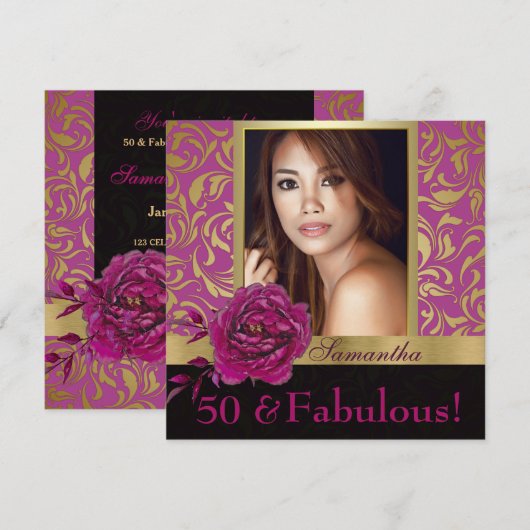 50 en Fabulous Paarse Gouden Damask Foto Verjaarda Kaart (Voorkant / Achterkant)