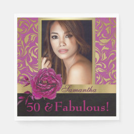 50 en Fabulous Paarse Gouden Damask Foto Verjaarda Servet