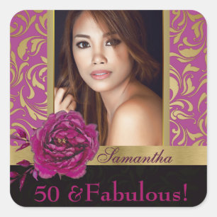 50 en Fabulous Paarse Gouden Damask Foto Verjaarda Vierkante Sticker
