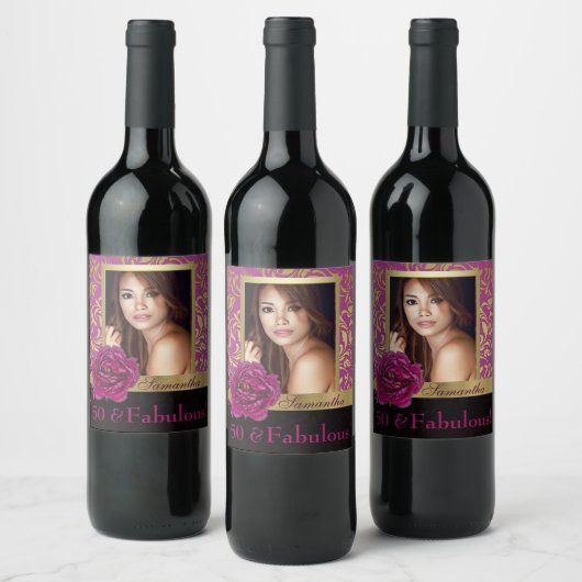 50 en Fabulous Paarse Gouden Damask Foto Verjaarda Wijn Etiket (Flessen)