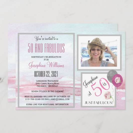50- en Fabulous Party Invitation Roze Kaart (Voorkant / Achterkant)