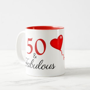 50 en Fabulous Photo and Red 50th Birthday Tweekleurige Koffiemok