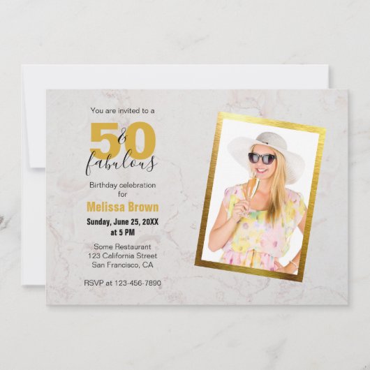 50 en Fabulous Photo Marble Gold Moderne Verjaarda Kaart (Voorkant)