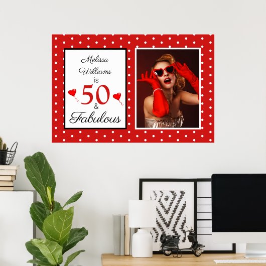 50 en Fabulous Photo Red 50th Birthday Red WH Poster (Thuiskantoor)