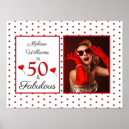 50 en Fabulous Photo Red 50th Birthday WH Red SM Poster (Voorkant)