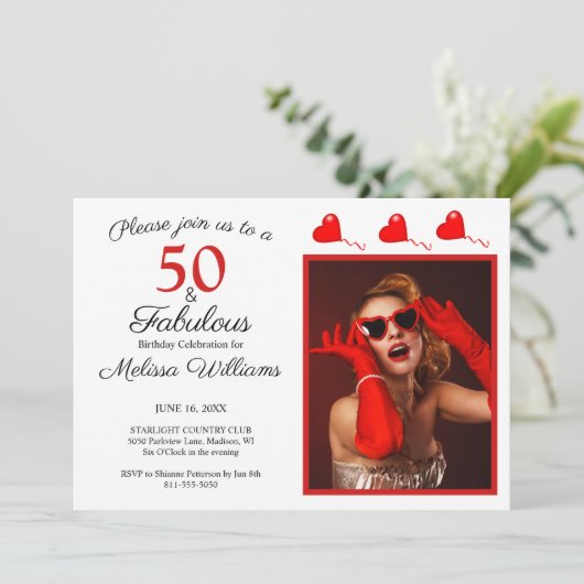 50 en Fabulous Photo Red 50th Birthday White Red Kaart (Staand voorkant)