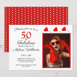 50 en Fabulous Photo Red 50th Birthday White Red Kaart