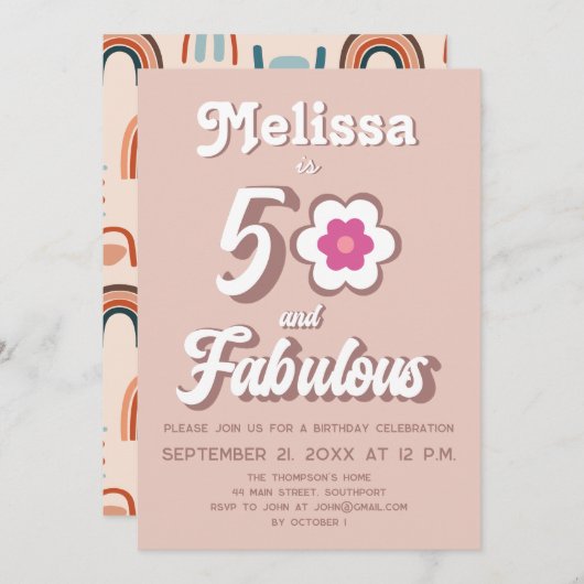 50 en Fabulous Pink 50th Birthday Groovy Invitati Kaart (Voorkant / Achterkant)