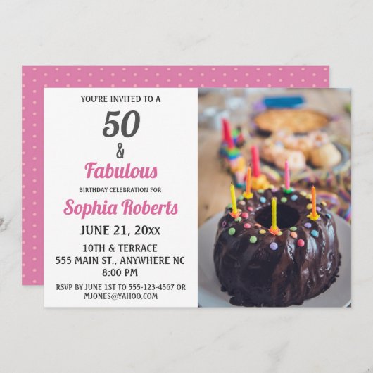 50 en Fabulous Pink 50th Birthday Invitation Kaart (Voorkant / Achterkant)