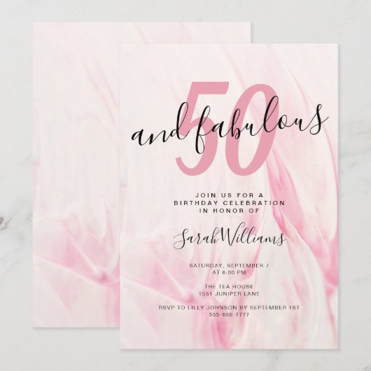 50 en Fabulous Pink 50th Birthday Party Kaart (Voorkant / Achterkant)