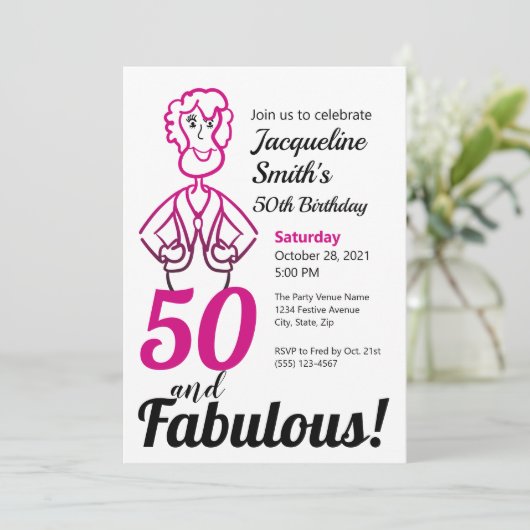 50 en Fabulous Pink and Black Funny Lady Kaart (Staand voorkant)