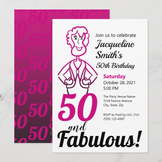 50 en Fabulous Pink and Black Funny Lady Kaart (Voorkant / Achterkant)