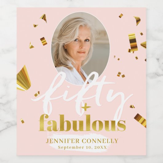 50 en Fabulous Pink and Gold 50th Birthday Wijn Etiket (Enkel label)