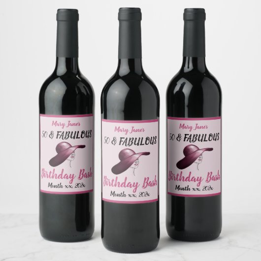 50 en Fabulous Pink Birthday Bash Wijn Etiket (Flessen)