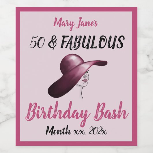 50 en Fabulous Pink Birthday Bash Wijn Etiket (Enkel label)