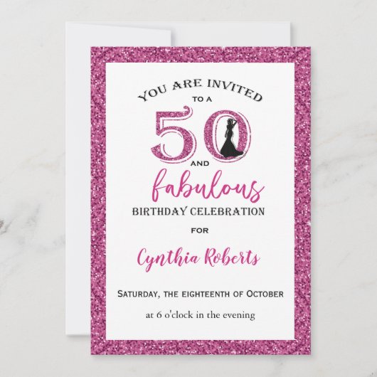 50 en Fabulous Pink Birthday Invitation Kaart (Voorkant)