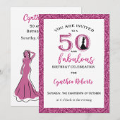 50 en Fabulous Pink Birthday Invitation Kaart (Voorkant / Achterkant)