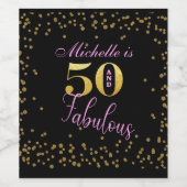 50 en Fabulous Pink Black Gold Glitter Birthday Wijn Etiket (Enkel label)