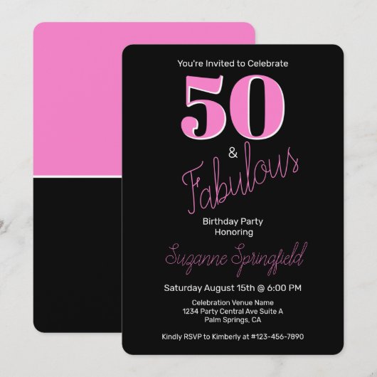 50 en Fabulous Pink Black Modern 50th Birthday Kaart (Voorkant / Achterkant)