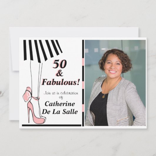 50 en Fabulous Pink Black Stripe Photo Invitation Kaart (Voorkant)