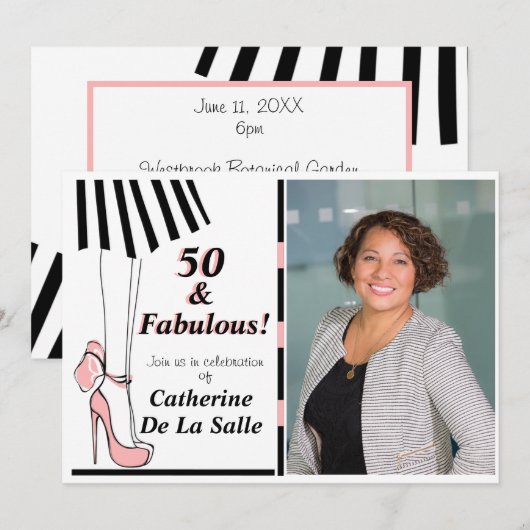 50 en Fabulous Pink Black Stripe Photo Invitation Kaart (Voorkant / Achterkant)