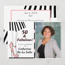 50 en Fabulous Pink Black Stripe Photo Invitation