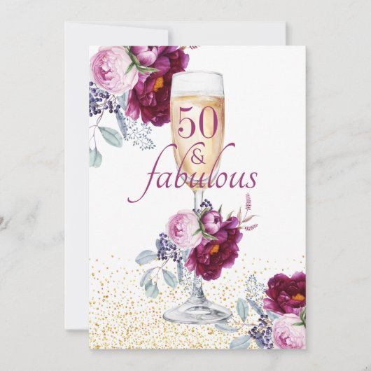 50 en Fabulous Pink Burgundy Floral Kaart (Voorkant)