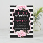 50 en Fabulous Pink Floral Black Stripe Kaart (Staand voorkant)