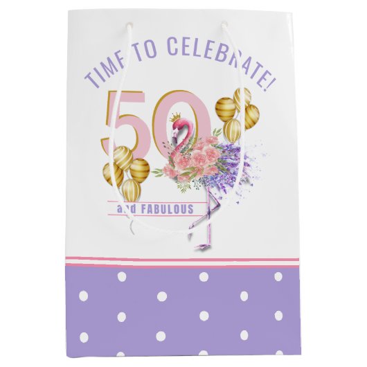 50 en Fabulous Pink Floral Flamingo Medium Cadeauzakje (Voorkant)