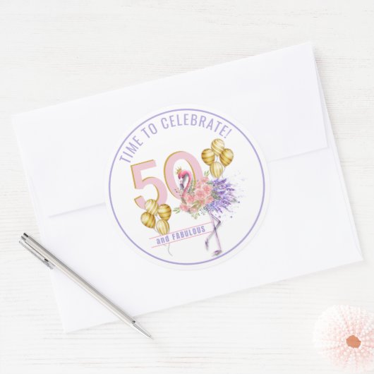 50 en Fabulous Pink Floral Flamingo Ronde Sticker (Envelop)