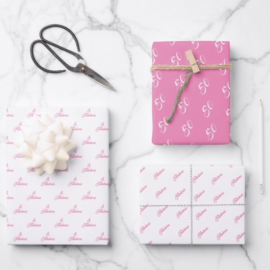 50 en Fabulous Pink Gepersonaliseerde Verjaardagsf Inpakpapier Vel (Voorkant)