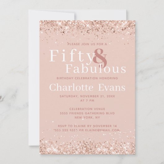50 en Fabulous Pink Glitter Birthday Invitation Kaart (Voorkant)