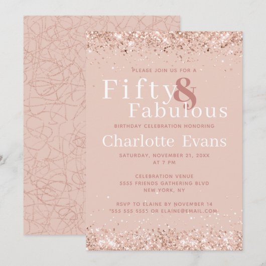 50 en Fabulous Pink Glitter Birthday Invitation Kaart (Voorkant / Achterkant)