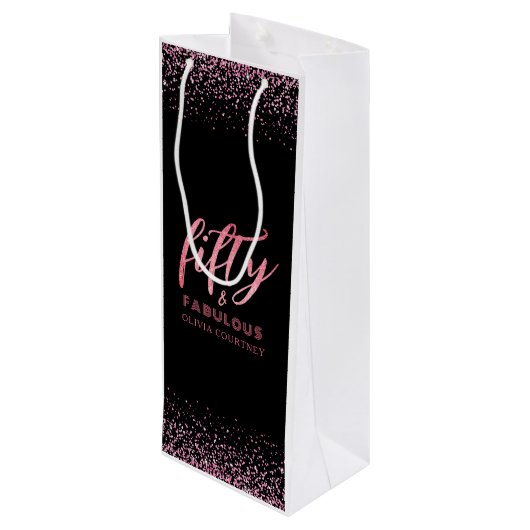 50 en Fabulous Pink Glitter Black Birthday Wijn Cadeautas (Achterkant Gekanteld)