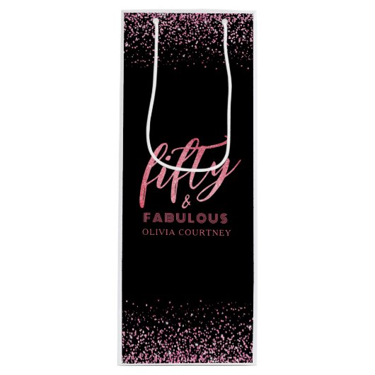50 en Fabulous Pink Glitter Black Birthday Wijn Cadeautas (Voorkant)