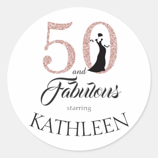50 en Fabulous Pink Glitter Custom Name Ronde Sticker (Voorkant)