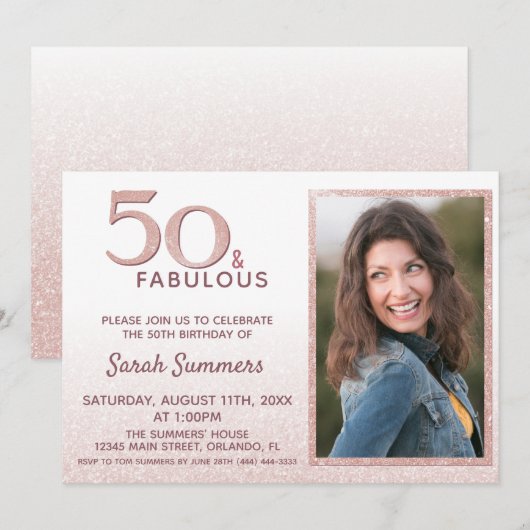 50 en Fabulous Pink Glitter Foto 50e verjaardag Kaart (Voorkant / Achterkant)