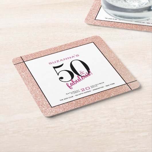50 en Fabulous Pink Glitter Party Uitnodiging Kartonnen Onderzetters (Schuin)