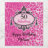 50 en Fabulous Pink Leopard Happy 50th Birthday Wijn Etiket (Enkel label)
