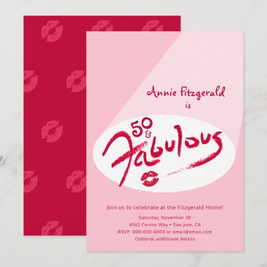 50 en Fabulous Pink Red Lipstick, Birthday Invite Aankondiging (Voorkant / Achterkant)