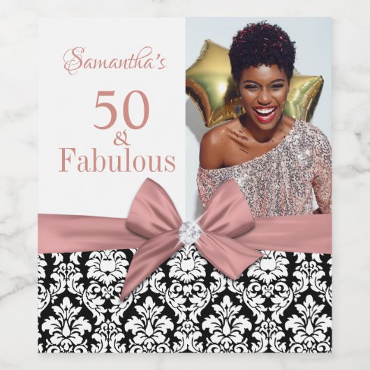 50 en Fabulous Pink White Birthday Party Wijn Etiket (Enkel label)