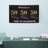 50 En Fabulous-Pink Zwart Goud Glitter Verjaardag Spandoek (Beurs)