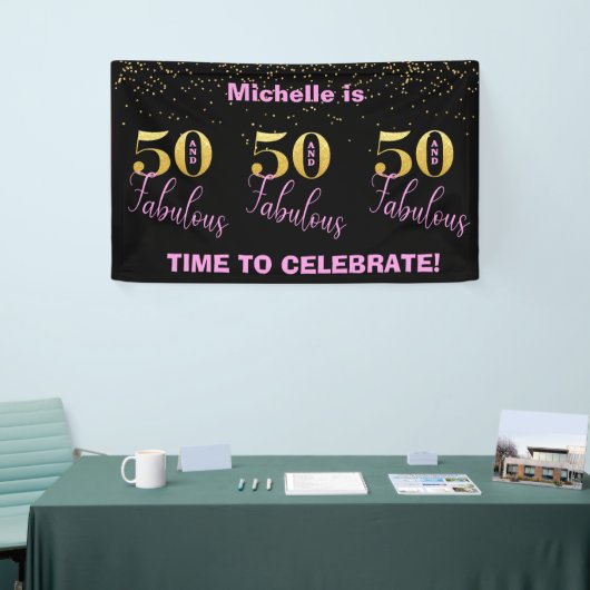 50 En Fabulous-Pink Zwart Goud Glitter Verjaardag Spandoek (Beurs)