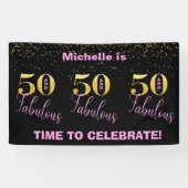 50 En Fabulous-Pink Zwart Goud Glitter Verjaardag Spandoek (Horizontaal)