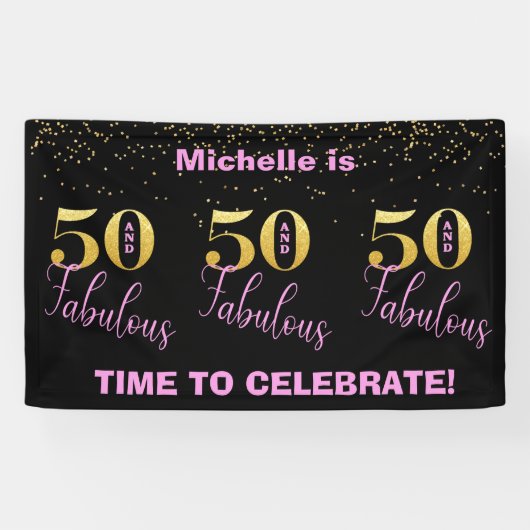 50 En Fabulous-Pink Zwart Goud Glitter Verjaardag Spandoek (Horizontaal)